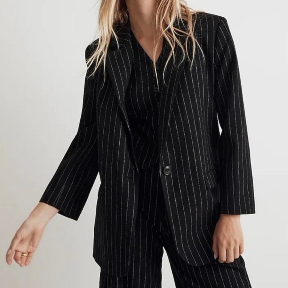 Madewell Oversized Pinstripe Wool Blend Blazer Women’s 00 Black NN825